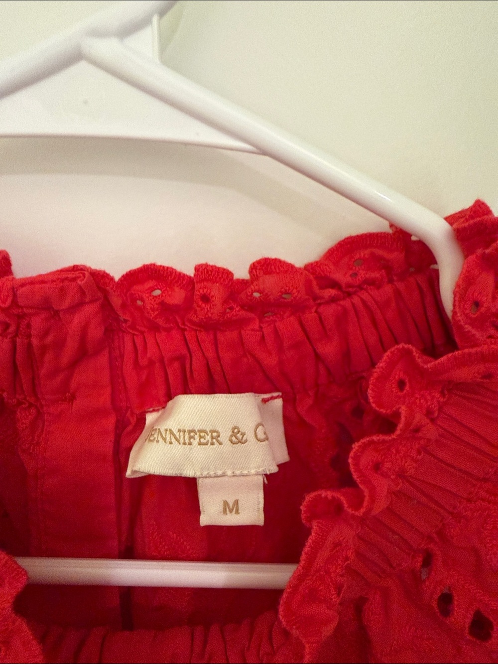 Red Eyelet Ruffle Neck Blouse - Picture 2 of 3